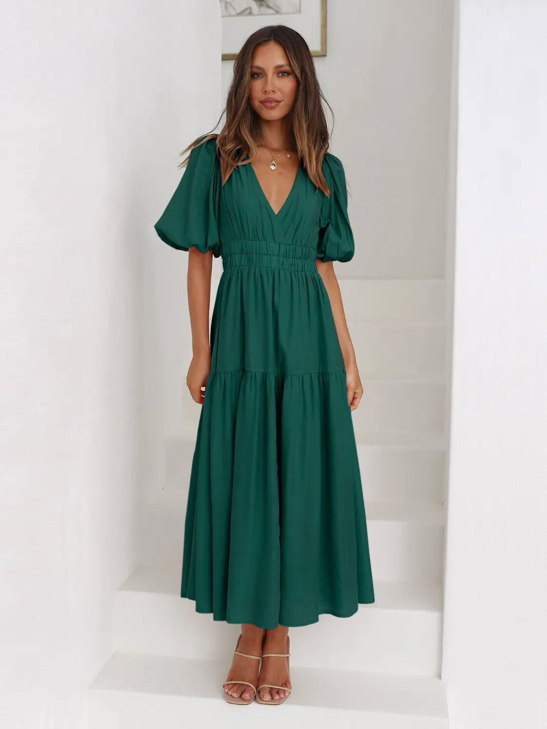 Tiered Surplice Half Sleeve Midi Dress by Trendsi