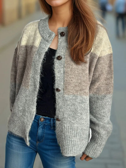 Women's Color Block Button-Up Round Neck Knit Cardigan – Uneeque Designzz