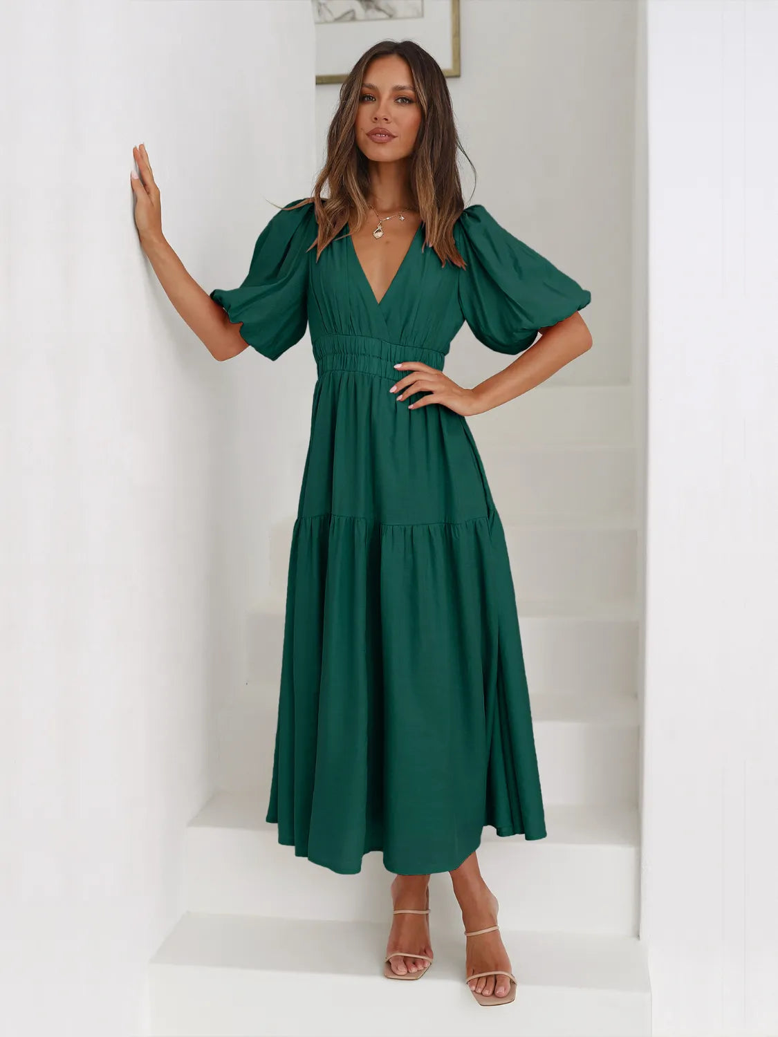 Tiered Surplice Half Sleeve Midi Dress by Trendsi