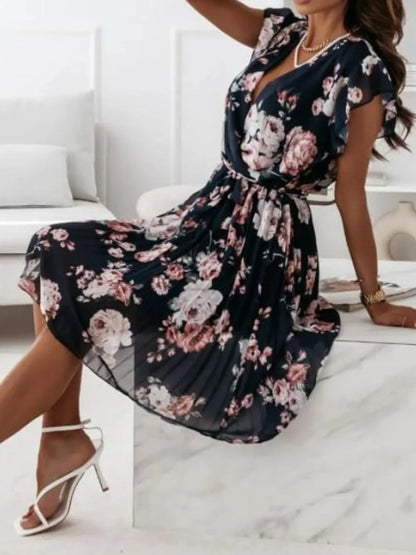 Floral Surplice Ruffled Cap Sleeve Dress – Uneeque Designzz