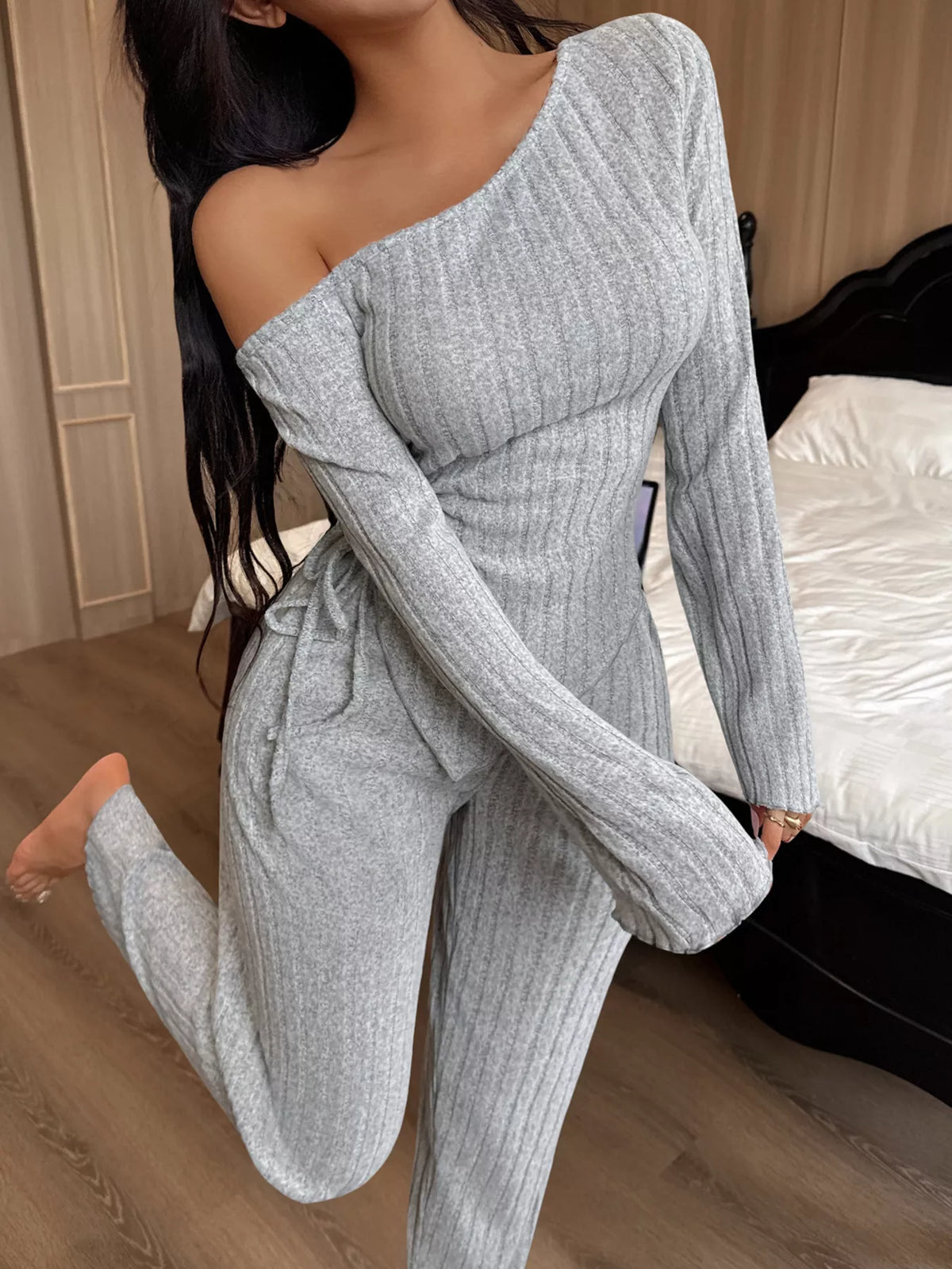 One-Shoulder Ribbed Knit Top and Pants Set by Trendsi