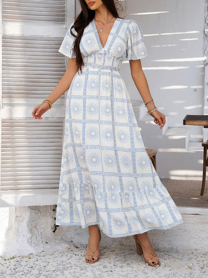 Devine Smocked Printed V-Neck Short Sleeve Maxi Dress – Uneeque Designzz