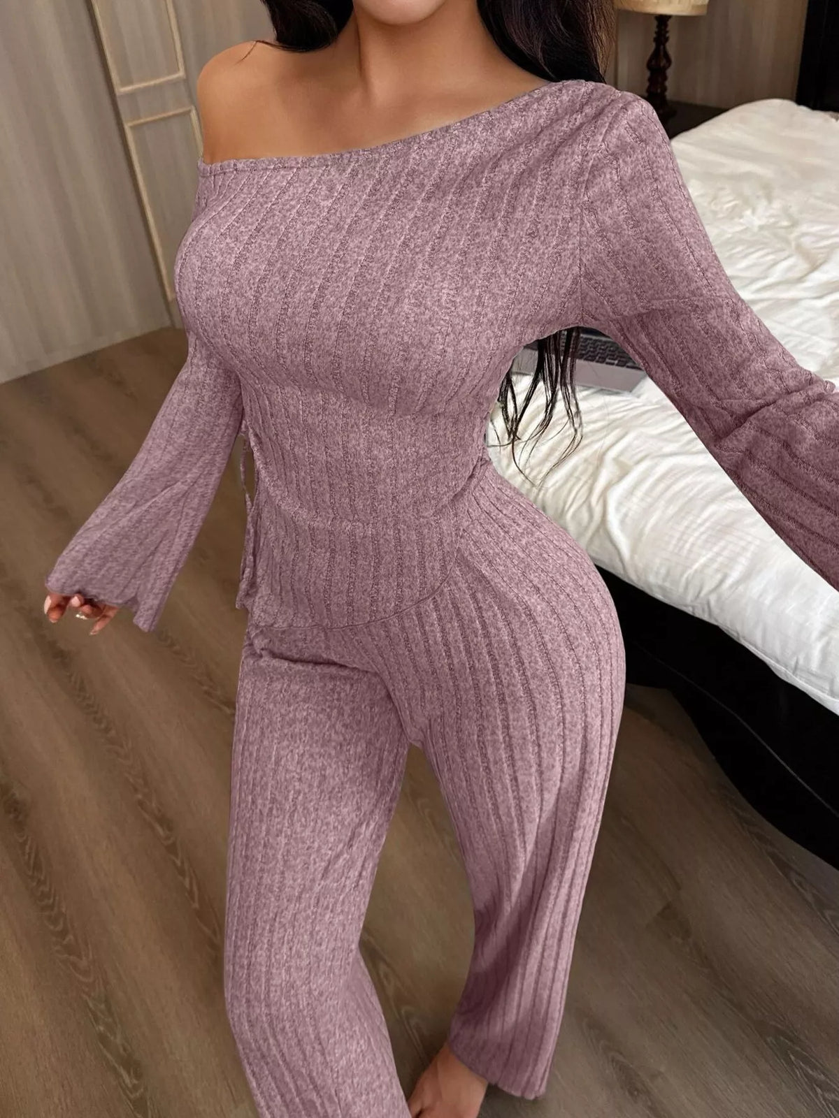 One-Shoulder Ribbed Knit Top and Pants Set by Trendsi