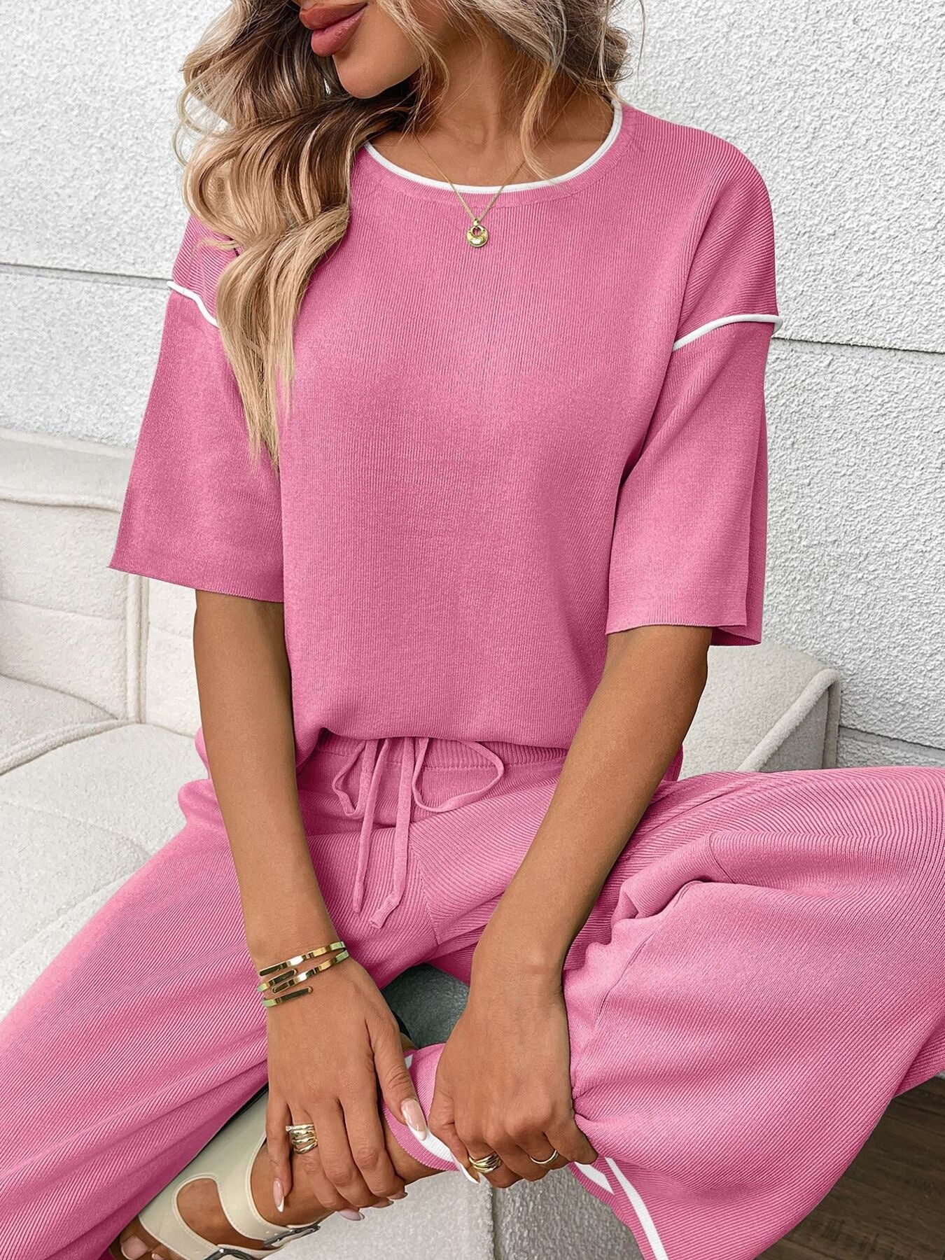 Round Neck Half Sleeve Top and Pants Set by Trendsi