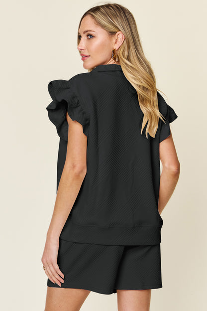 Double Take Full Size Texture Flounce Sleeve Top and Drawstring Shorts Set – Uneeque Designzz