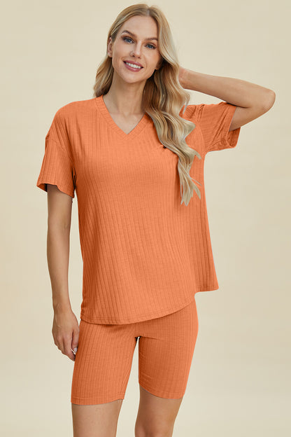 Basic Bae Full Size Ribbed V-Neck Short Sleeve Top and Shorts Set – Uneeque Designzz