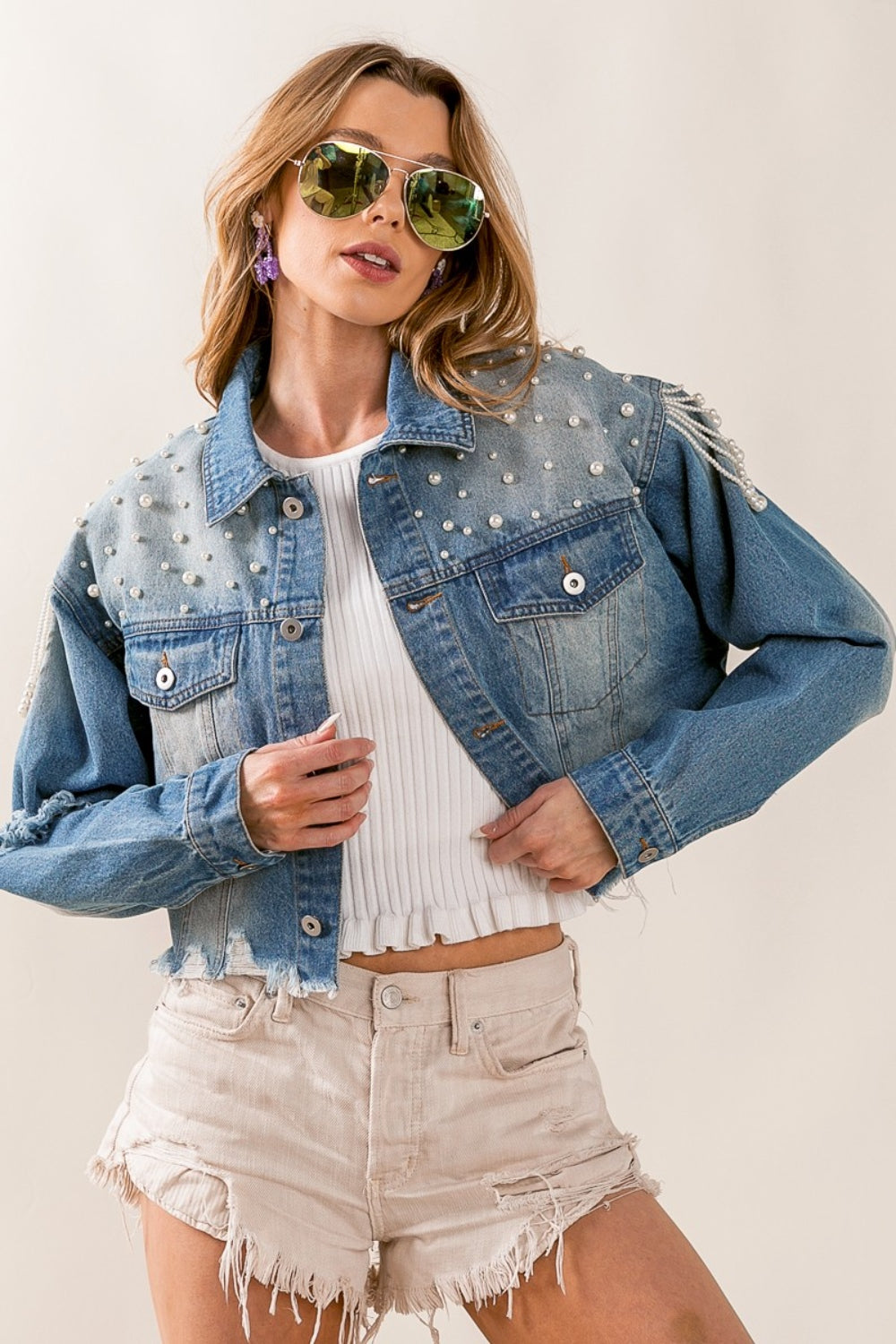 Pearl Detail Cropped Denim Jacket - Chic & Edgy | Uneeque Designzz