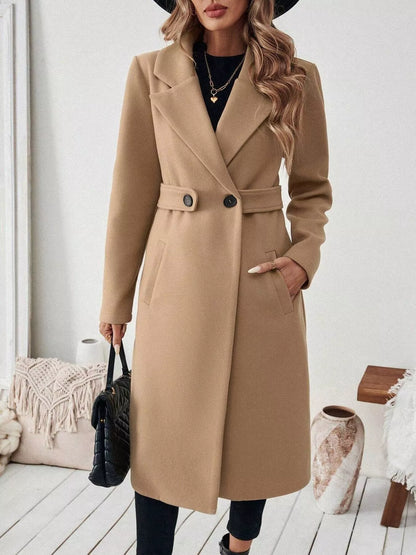 One Button Polyester Lapel Collar Belted Overcoat with Pockets – Uneeque Designzz