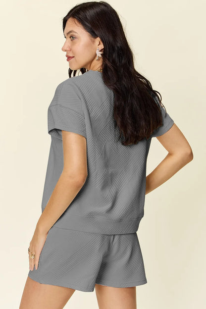 Double Take Full Size Texture Short Sleeve T-Shirt and Drawstring Shorts Set – Uneeque Designzz