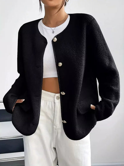 Textured Button Front Fleece Jacket Plus Size Casual Outerwear – Uneeque Designzz