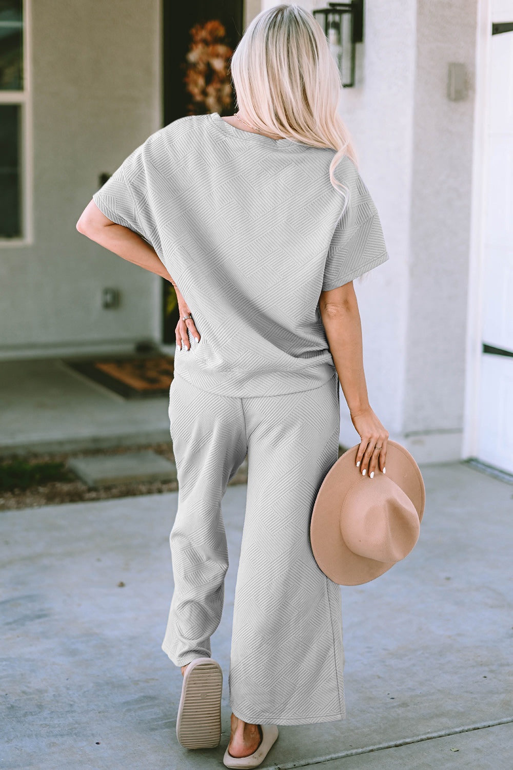 Double Take Full Size Texture Short Sleeve Top and Pants Set