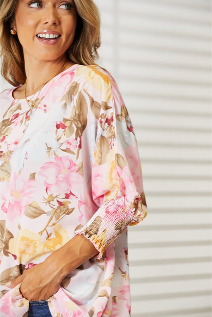 Double Take Floral Round Neck Three-Quarter Sleeve Top – Uneeque Designzz