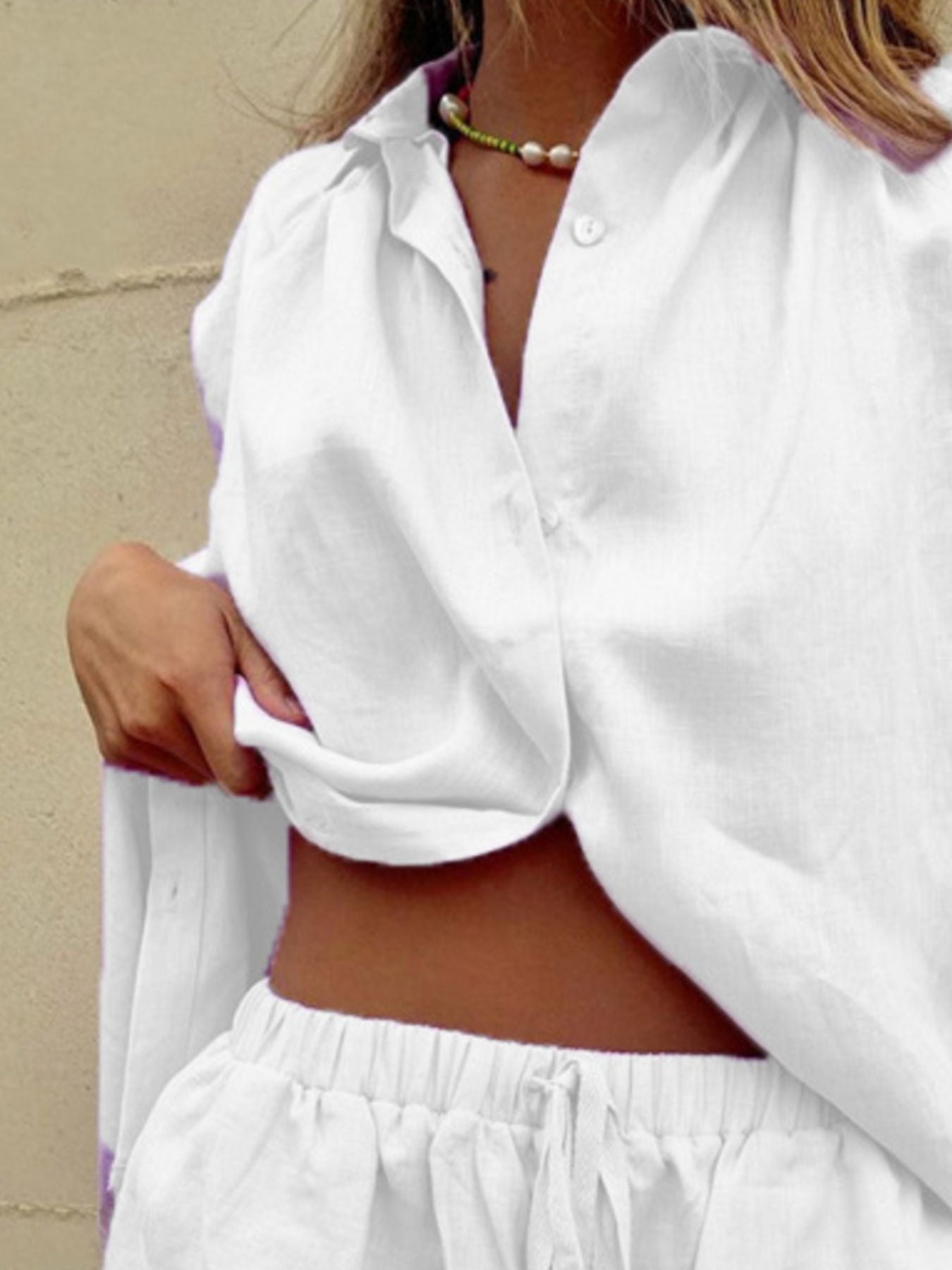 Button Up Shirt and Drawstring Shorts Set by Trendsi