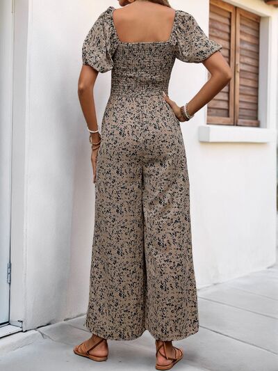 Perfee Smocked Printed Square Neck Puff Sleeve Jumpsuit – Uneeque Designzz