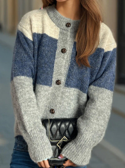 Women's Color Block Button-Up Round Neck Knit Cardigan – Uneeque Designzz