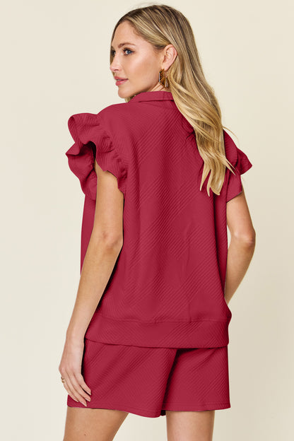 Double Take Full Size Texture Flounce Sleeve Top and Drawstring Shorts Set – Uneeque Designzz