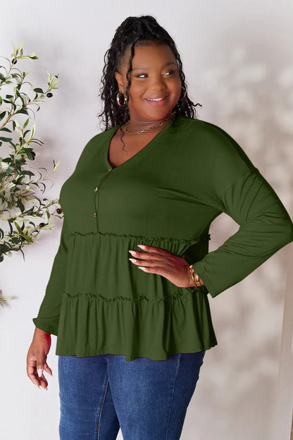 Double Take Half Button Long Sleeve Ruffle Hem Blouse – Uneeque Designzz