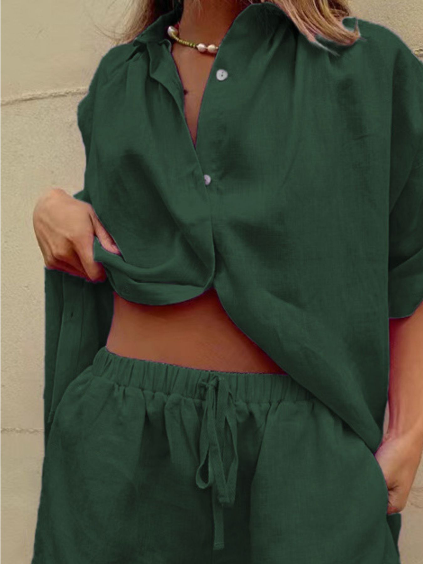 Button Up Shirt and Drawstring Shorts Set by Trendsi