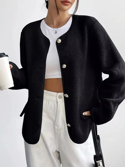 Textured Button Front Fleece Jacket Plus Size Casual Outerwear – Uneeque Designzz