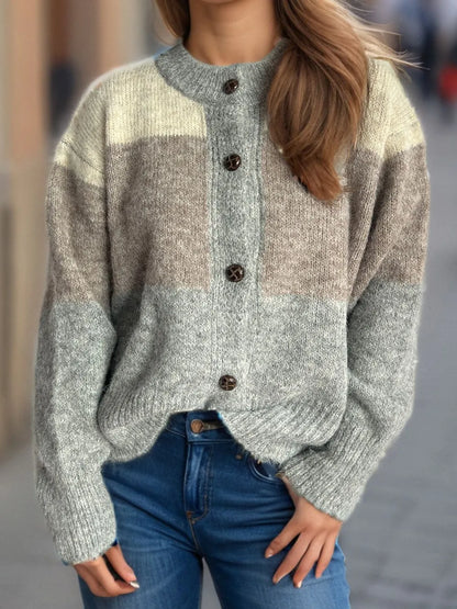 Women's Color Block Button-Up Round Neck Knit Cardigan – Uneeque Designzz