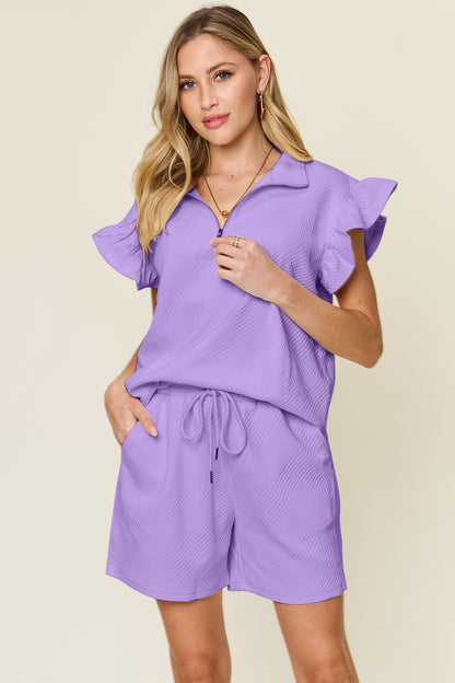 Double Take Full Size Texture Flounce Sleeve Top and Drawstring Shorts Set – Uneeque Designzz