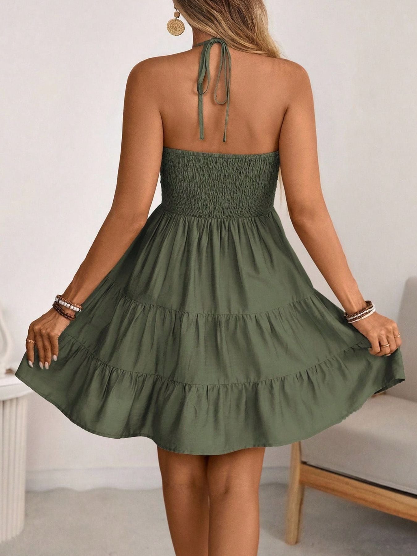 Smocked Halter Neck Tiered Dress by Trendsi
