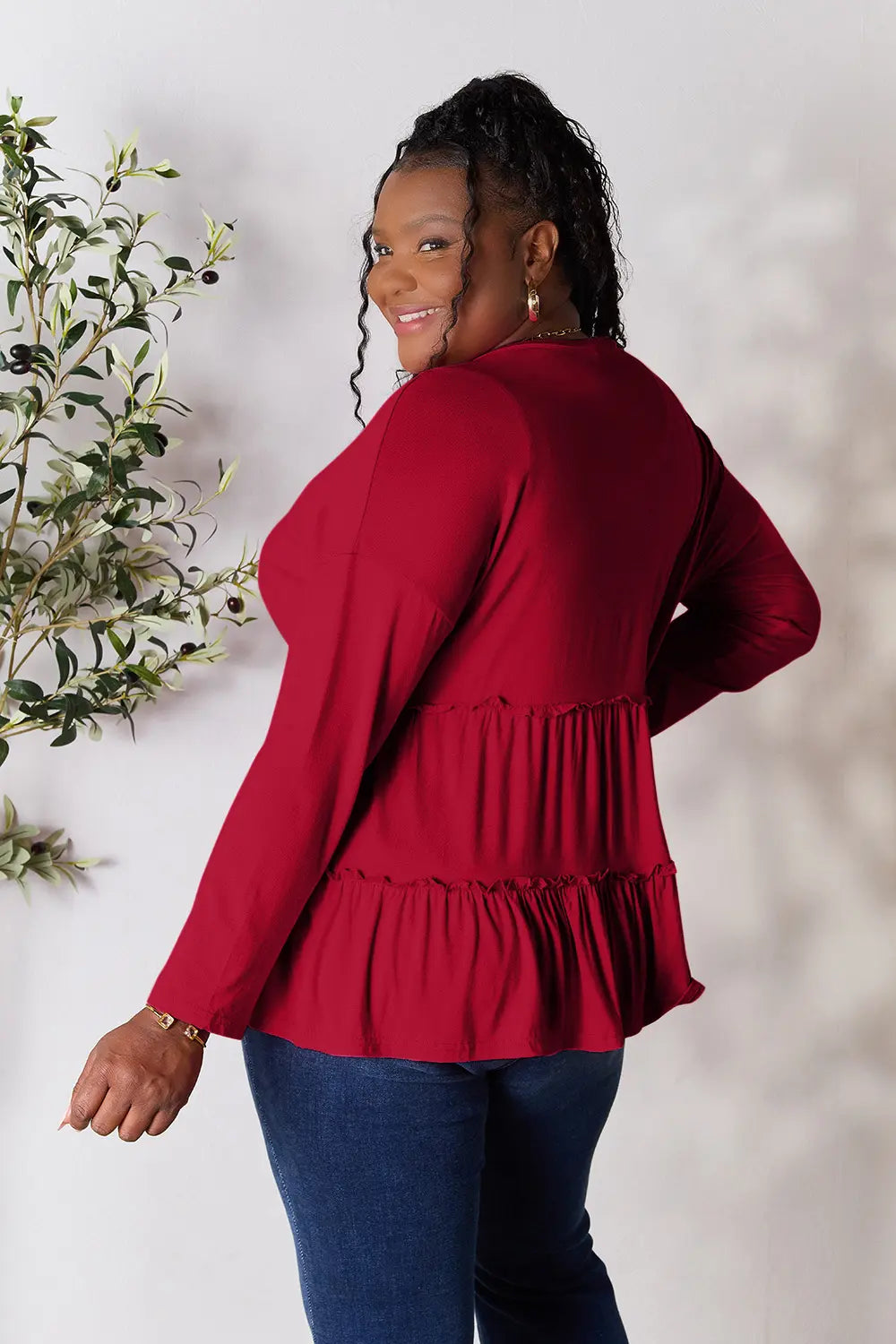 Double Take Half Button Long Sleeve Ruffle Hem Blouse by Trendsi