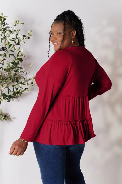 Double Take Half Button Long Sleeve Ruffle Hem Blouse – Uneeque Designzz