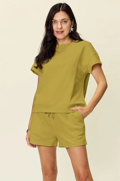 Double Take Full Size Texture Short Sleeve T-Shirt and Drawstring Shorts Set – Uneeque Designzz