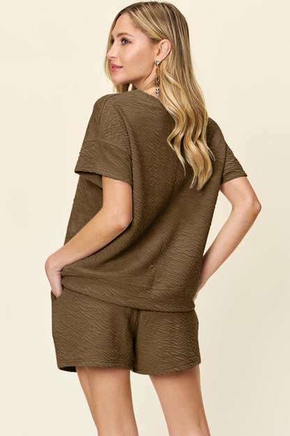 Double Take Full Size Texture Short Sleeve T-Shirt and Drawstring Shorts Set – Uneeque Designzz