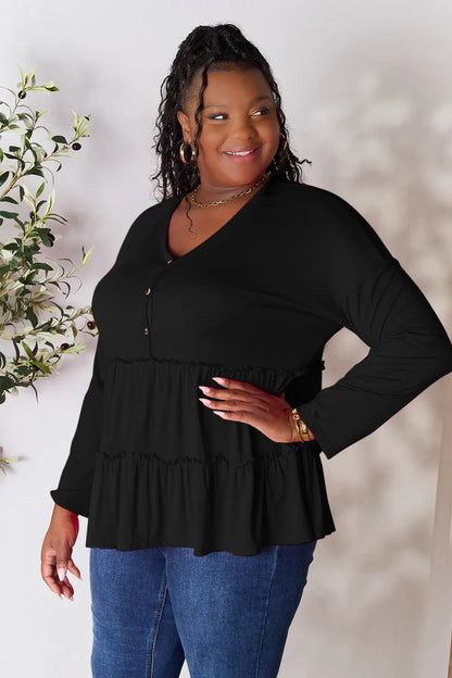 Double Take Half Button Long Sleeve Ruffle Hem Blouse – Uneeque Designzz