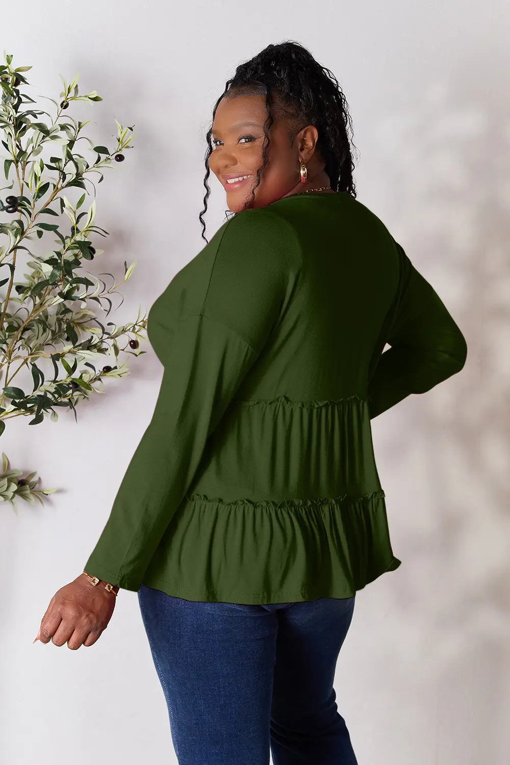 Double Take Half Button Long Sleeve Ruffle Hem Blouse by Trendsi