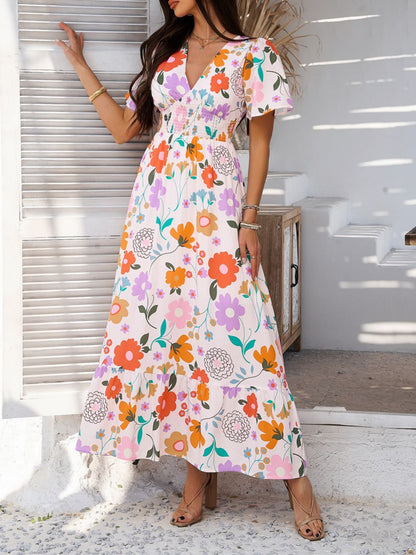 Devine Smocked Printed V-Neck Short Sleeve Maxi Dress – Uneeque Designzz