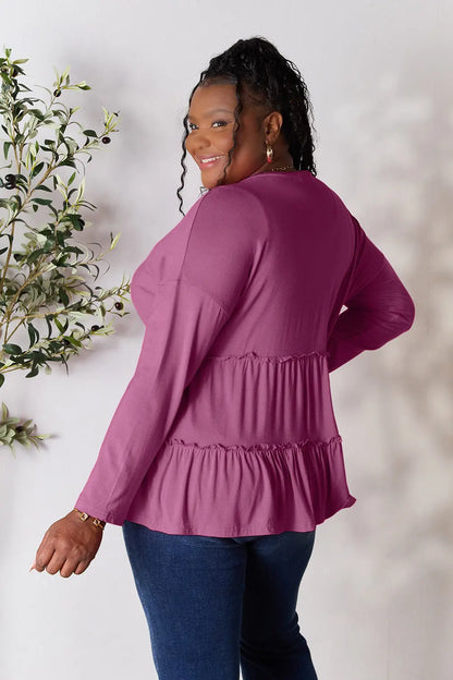 Double Take Half Button Long Sleeve Ruffle Hem Blouse – Uneeque Designzz