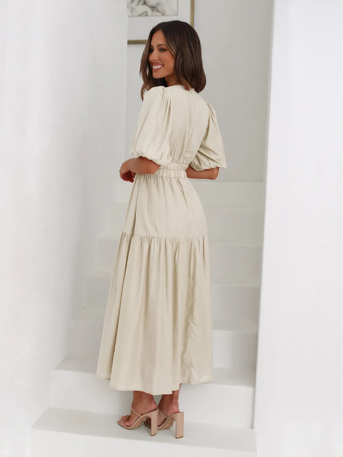 Tiered Surplice Half Sleeve Midi Dress by Trendsi