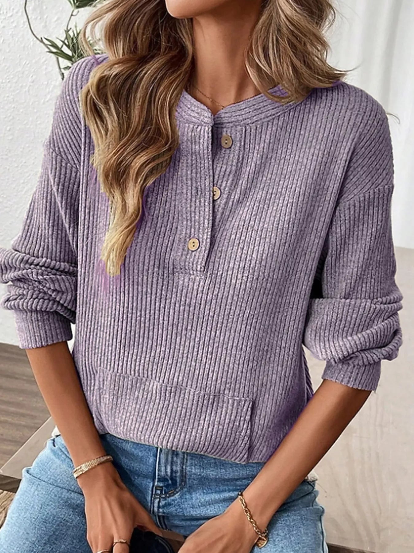 Ribbed Button Detail Long Sleeve T-Shirt by Trendsi