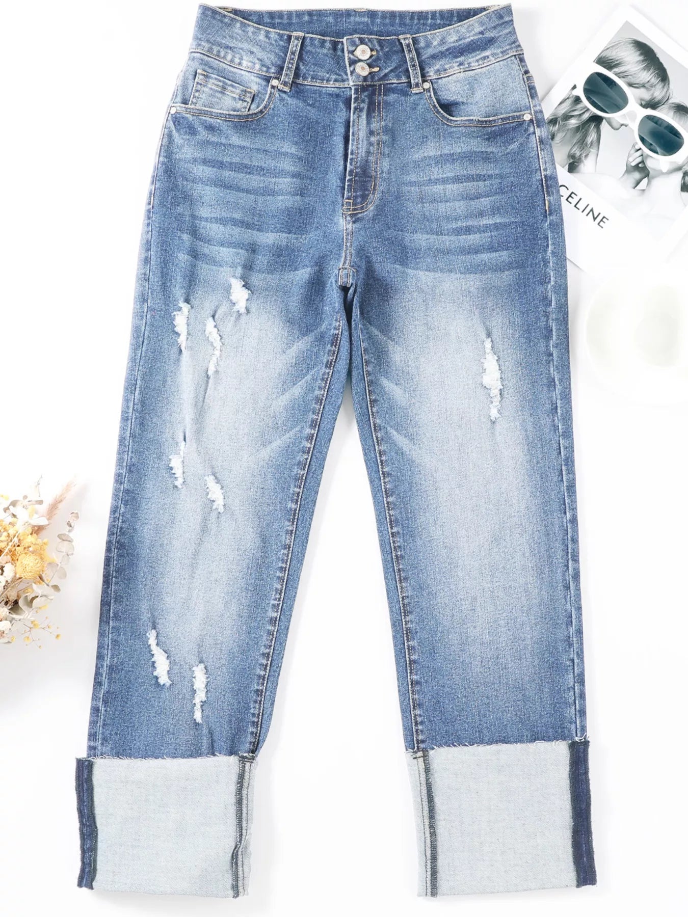 High Waist Distressed Straight Leg Jeans by Trendsi