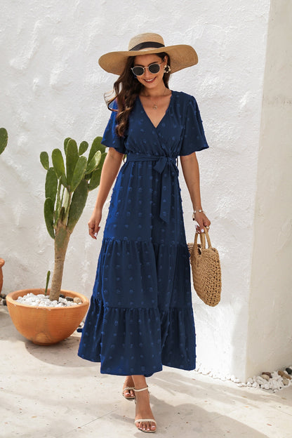 Swiss Dot Tied Surplice Short Sleeve Dress – Uneeque Designzz