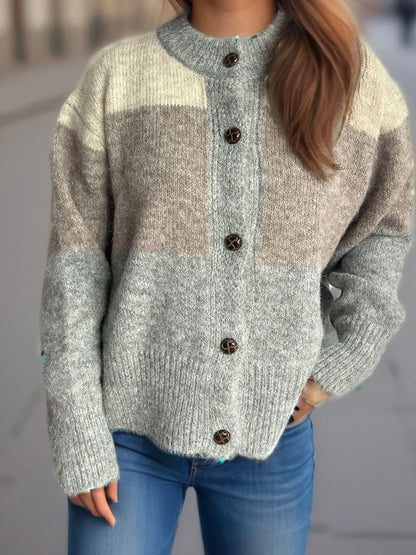 Women's Color Block Button-Up Round Neck Knit Cardigan – Uneeque Designzz