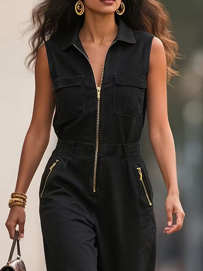 Sleeveless Zip-Up Jumpsuit with Pockets in Polyester – Uneeque Designzz