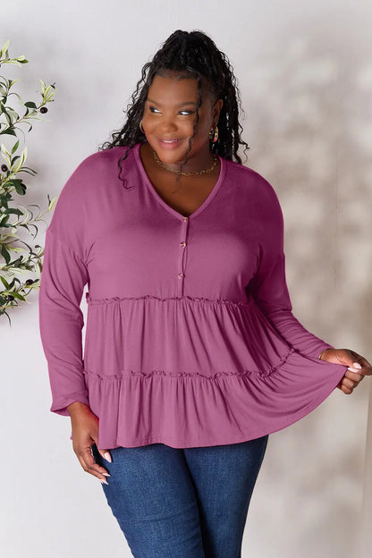 Double Take Half Button Long Sleeve Ruffle Hem Blouse – Uneeque Designzz