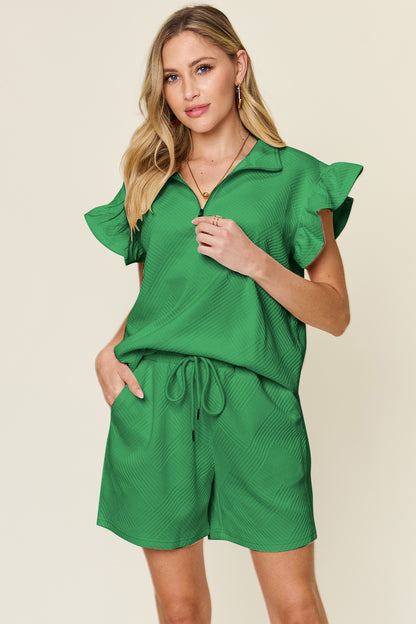 Double Take Full Size Texture Flounce Sleeve Top and Drawstring Shorts Set – Uneeque Designzz