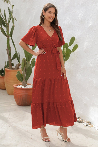 Swiss Dot Tied Surplice Short Sleeve Dress – Uneeque Designzz