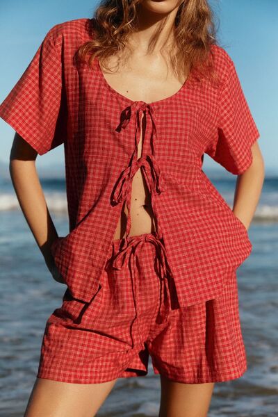 Plaid Tied Scoop Neck Short Sleeve Top and Drawstring Shorts Set – Uneeque Designzz