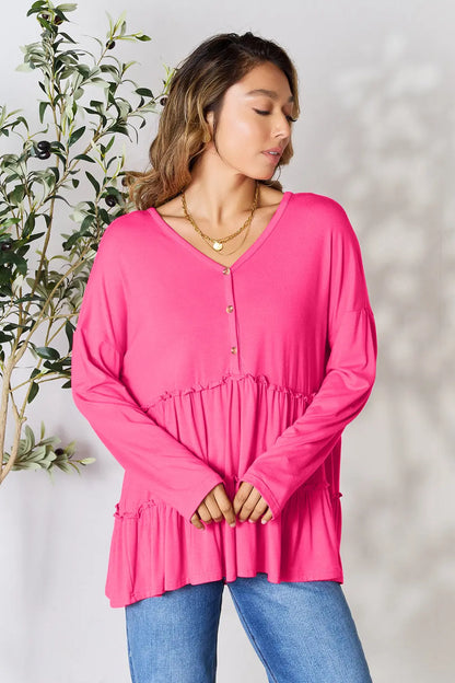 Double Take Half Button Long Sleeve Ruffle Hem Blouse – Uneeque Designzz