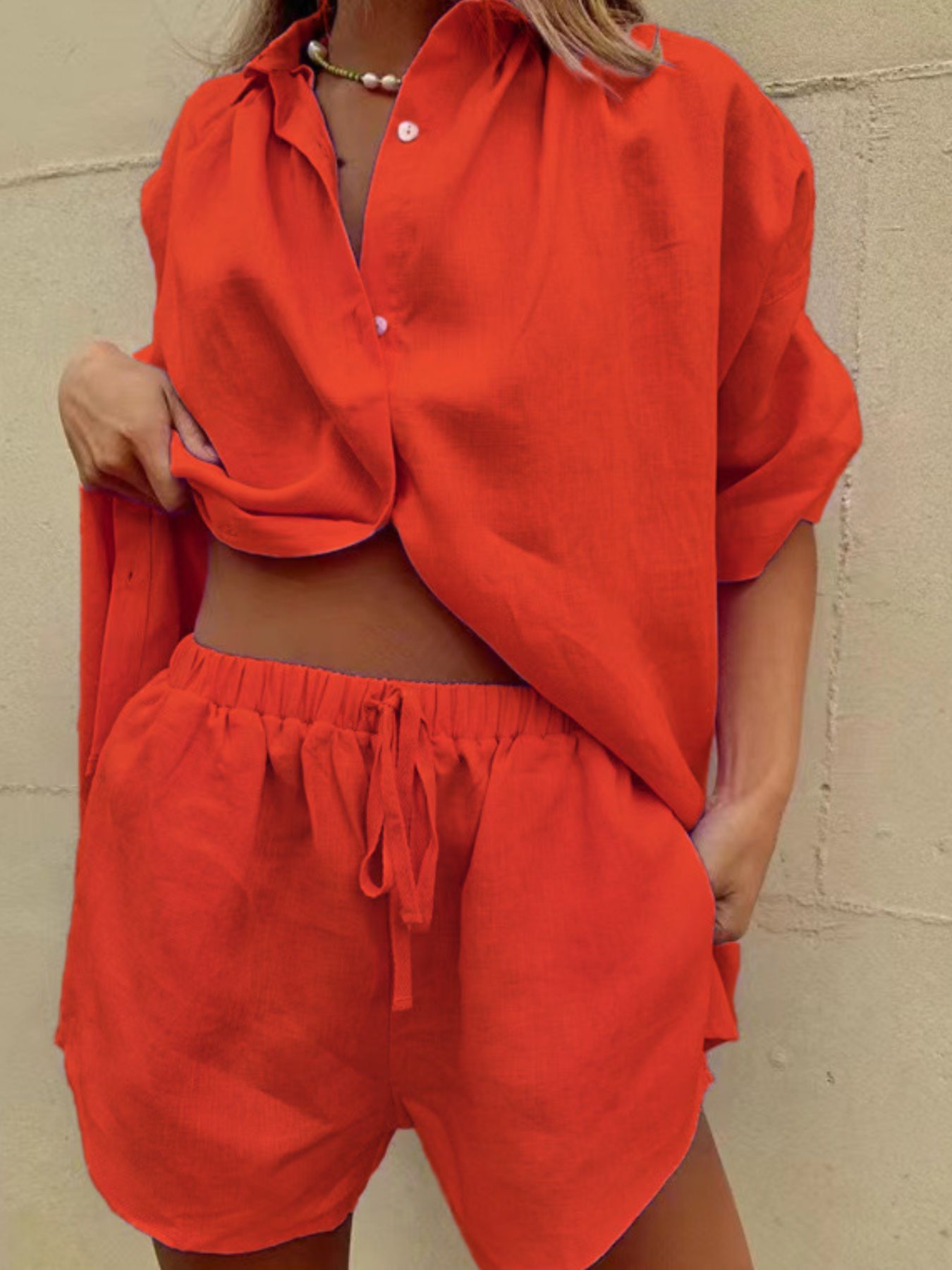 Button Up Shirt and Drawstring Shorts Set by Trendsi