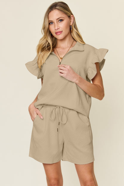 Double Take Full Size Texture Flounce Sleeve Top and Drawstring Shorts Set – Uneeque Designzz