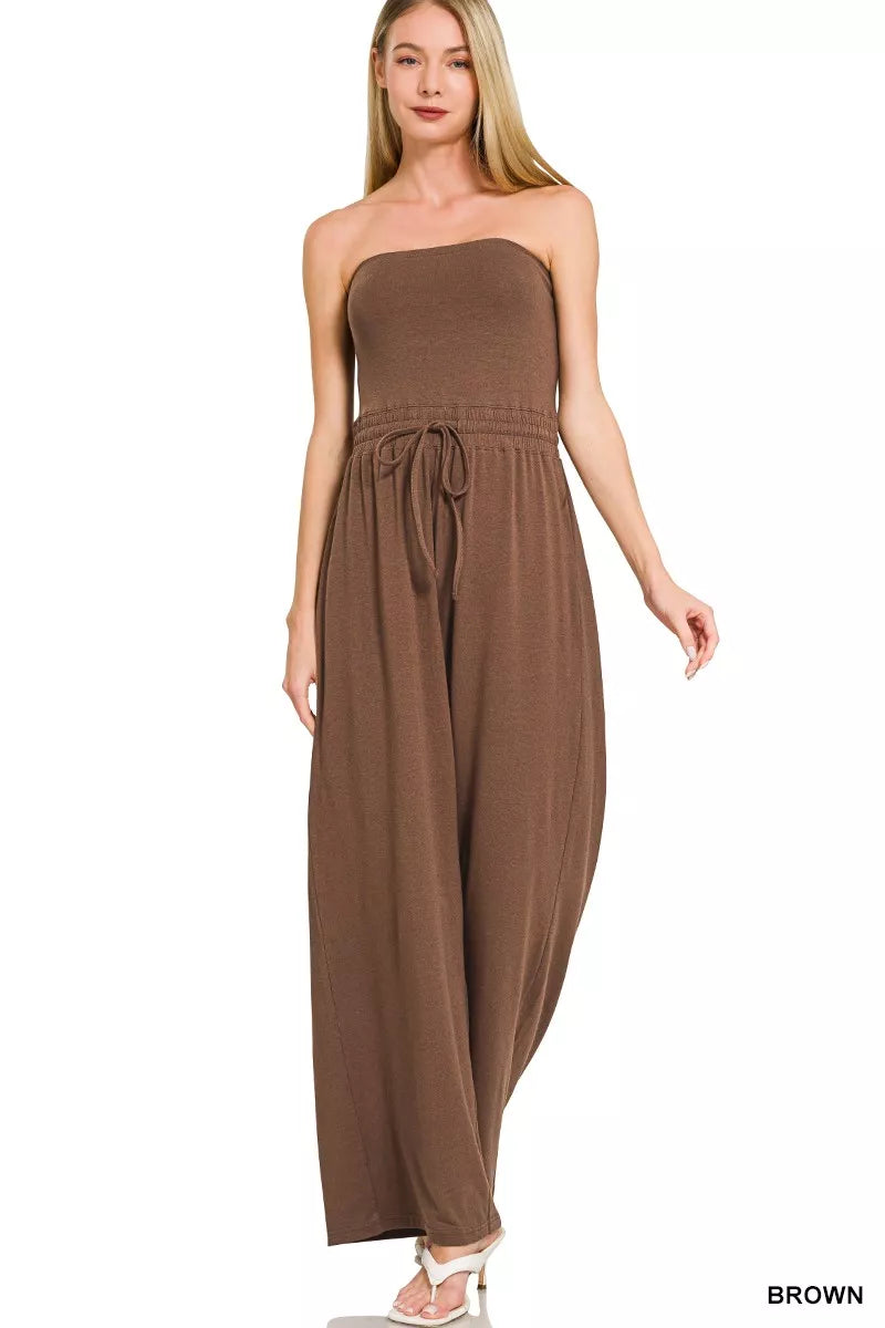 Zenana Tube Top Jumpsuit with Drawstring Waist by Trendsi