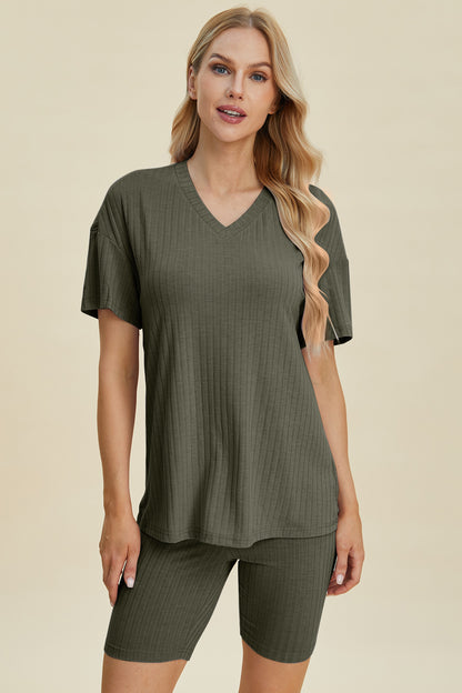 Basic Bae Full Size Ribbed V-Neck Short Sleeve Top and Shorts Set – Uneeque Designzz