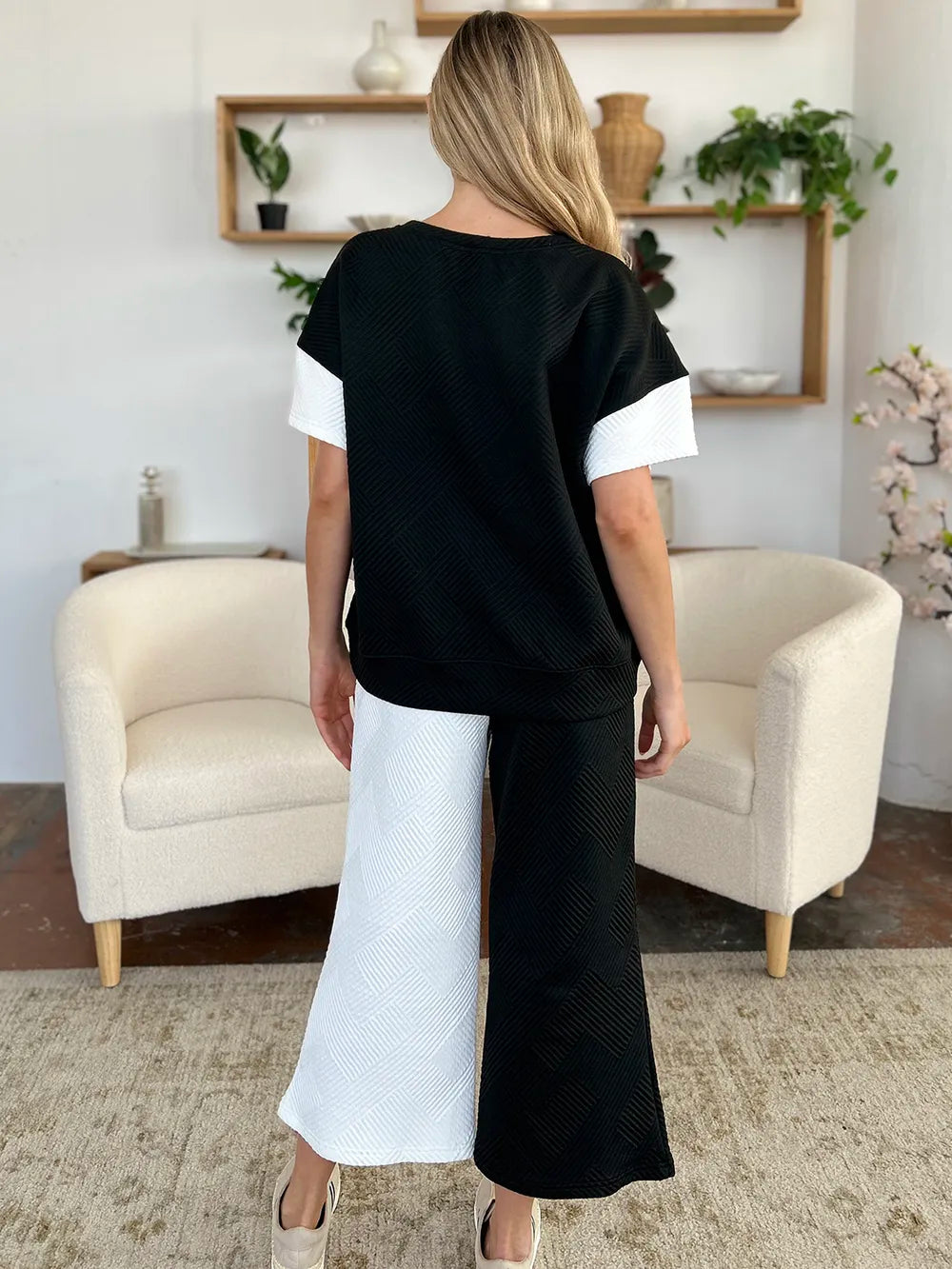 Double Take Full Size Texture Contrast T-Shirt and Wide Leg Pants Set by Trendsi